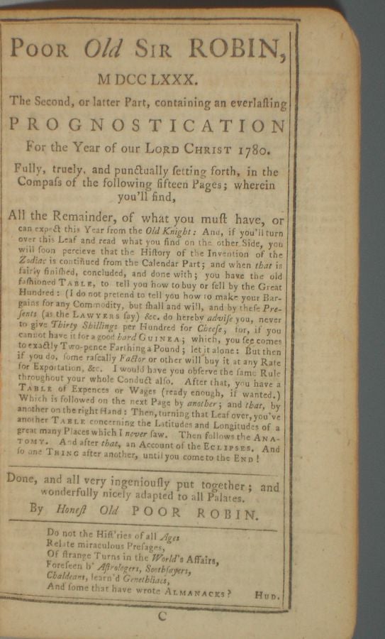 Item #005746 Poor Old Sir Robin, MDCCLXXX. The Second, or Latter Part, Containing an Everlasting Prognostication for the Year of Our Lord Christ 1780. No. 118