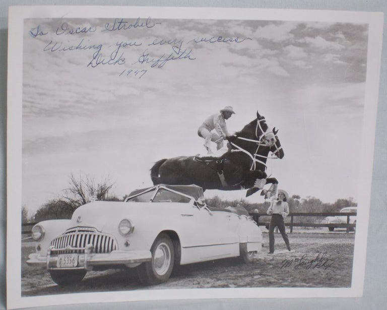 Item #016160 Rodeo Hall of Famer Dick Griffith on His horse leaping Over convertible (inscribed By Dick Griffith to Oscar Strobel). Herb McLaughlin, Photographer.