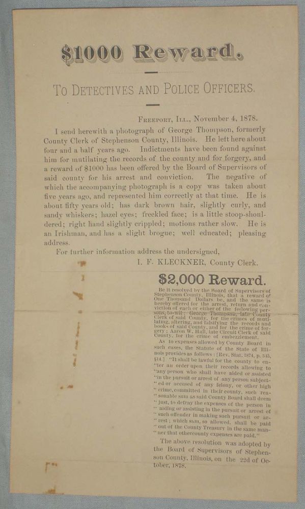Item #016494 [Broadsheet] $1,000 Reward; To Detectives and Police Officers