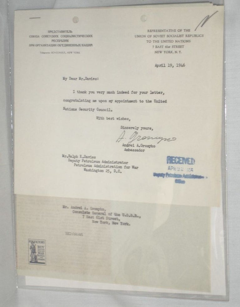 Item #016922 1Typed Letter Signed on His Appointment to the U.N. Security Council, April 19, 1946. Andrei A. Gromyko.
