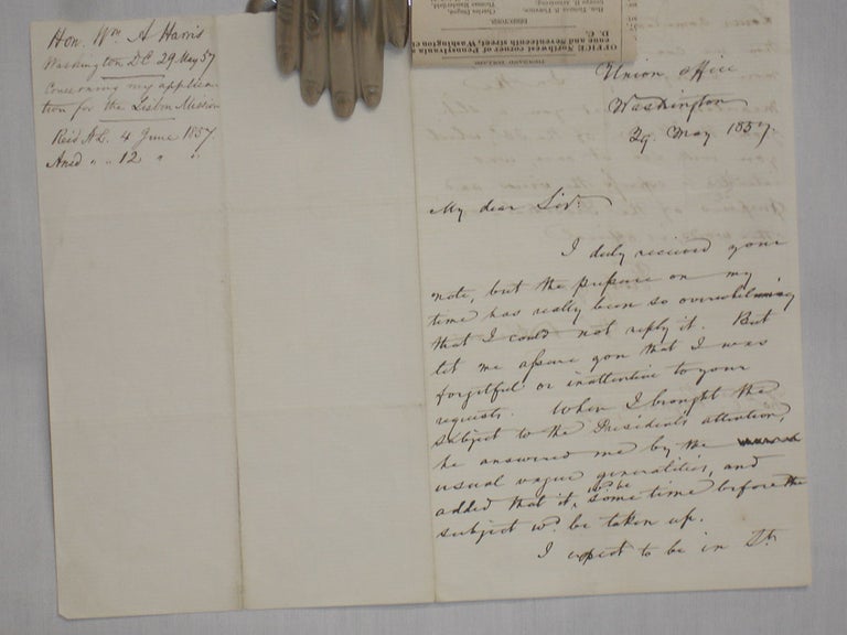 Item #018189 2 Page Autographed Signed Letter from W.A. Harris to Thomas Caute Reynolds, May 1857, Regarding an Appointment to Lisbon. W A. Harris 2ALS to Thomas C. Reynolds.