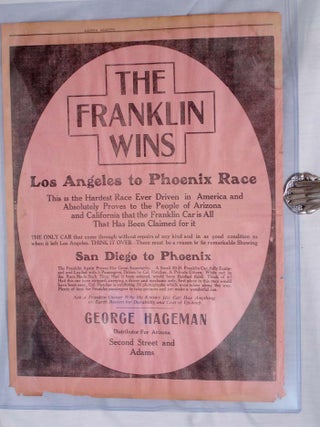 Item #018398 Full Page Automobile Ad: THE FRANKLIN WINS, Los Angeles to Phoenix Race, 1912