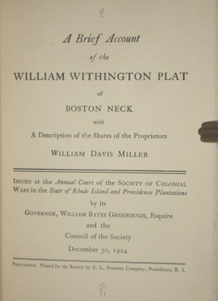 A Brief Account of the William Withington Plat of Boston Neck with a Description of the Shares of the Proprietors (Society of Colonial Wars)