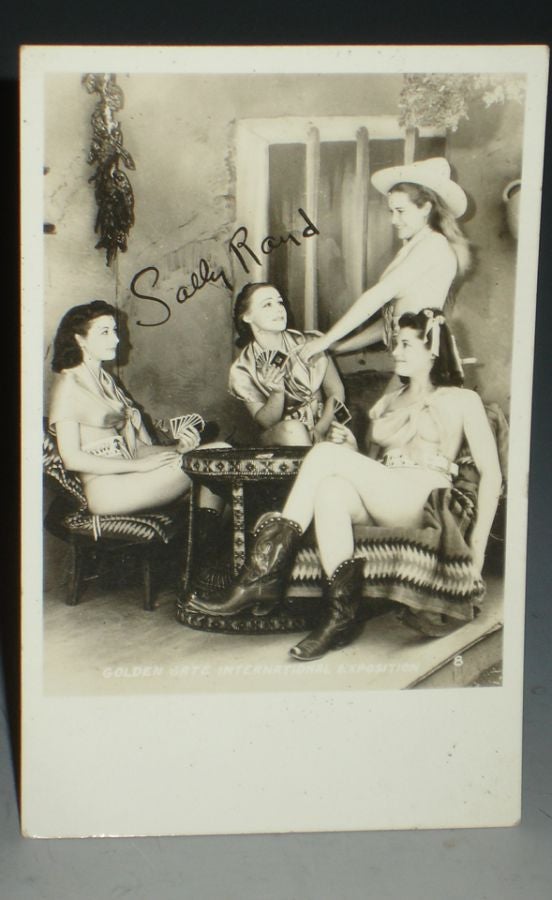 Item #025115 Real Photograph Postcard: Sally Rand's Nude Ranch at the 1939 Golden Gate International Exhibition (Signed By her in facsimile). Sally Rand.