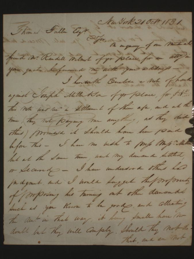 Item #025182 Thomas T. Kissam to Thomas Fuller, Two Page Autographed Letter Signed, Bethany, Pennsylvania, [with Reference to Randall Wilmot], October 31, 1831