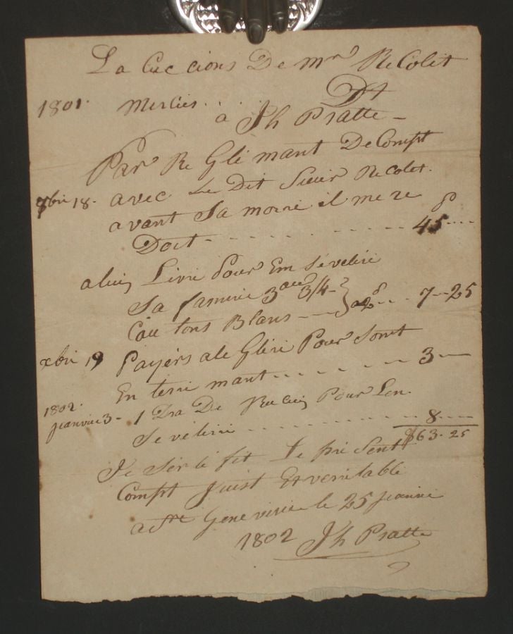 Item #025206 (Louisiana Territory, St. Genevieve, January 3, 1802, Funeral Bills Manuscript Page for Colet Merlies. Jean Henri Pratte.