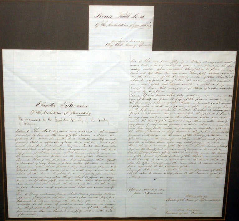 Item #025380 Arizona. Original Document Regulating Gambling in the Counties. Signed By Governor John Goodwin and Two Other Major Leaders, November 9, 1864.