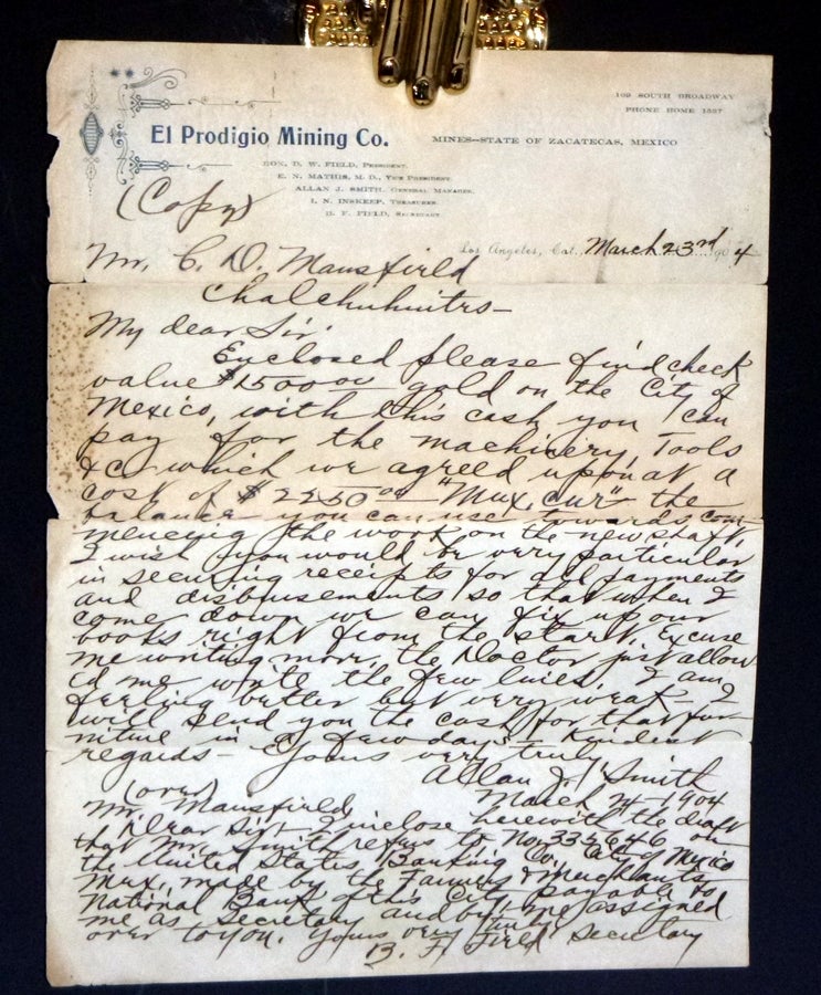 Item #025485 El Prodigio Mining Co., March 23, 1904 Autographed Document Signed with Carbon Copy [Spanish Translation]