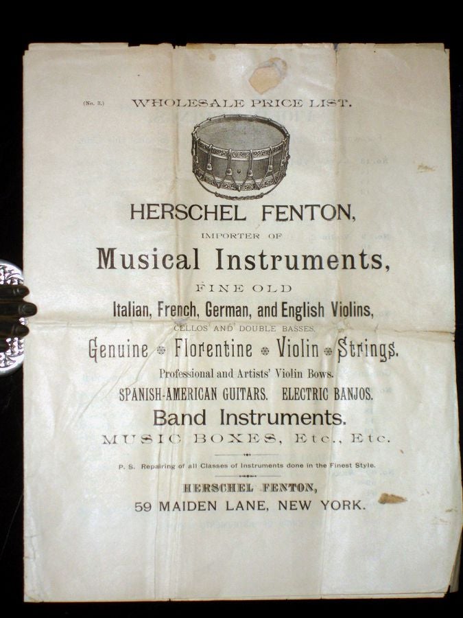 Item #025534 Herschel Fenton, Importer of Musical Instruments, Fine Old Italian, French, German and English Violins, Cellos and Double Basses, ..Violin Bows..guitars, Banjos, Etc.