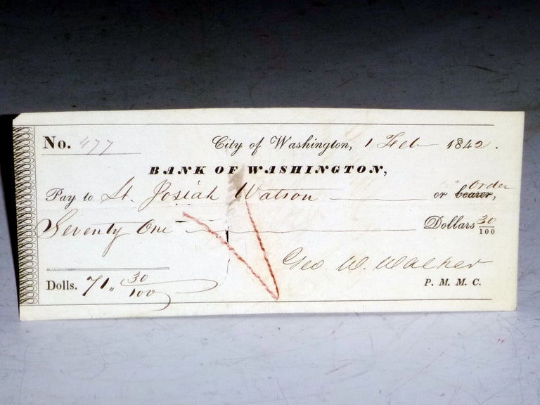 Item #026084 Original 1842 Paymaster's Check to Washington, D.C. Officer, Lt. Josiah Watson, February 1, 1842