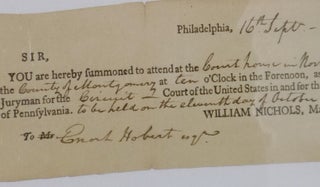 Item #026086 U.S. District Court. Morristown, New Jersey, 1799. Court Summons for Enoch Hobert