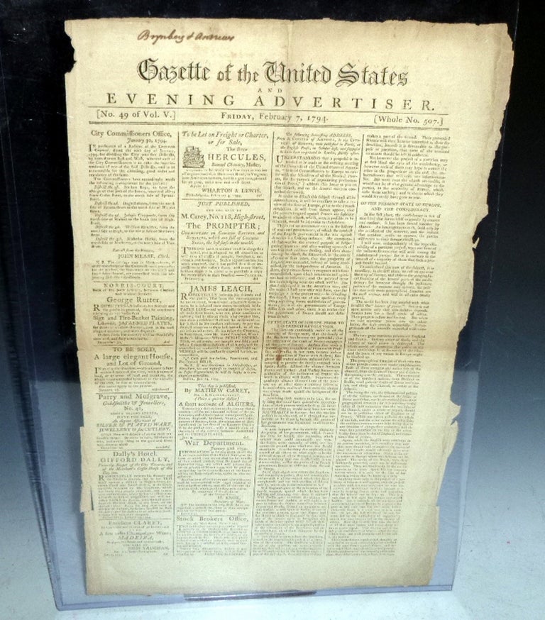 Item #027119 Gazette of the United States, February 7, 1794 (Wall Street, Brokers)