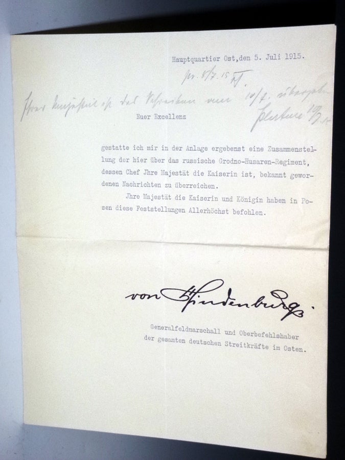 Item #027251 1 Typed Letter Signed, July 5, 1915 re. Paul Von Hindenburg.