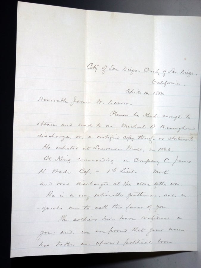 Item #027315 2 Page Autographed Letter Signed to the Honorable James W. Denver, April 10, 1884. William Jefferson Gatewood.