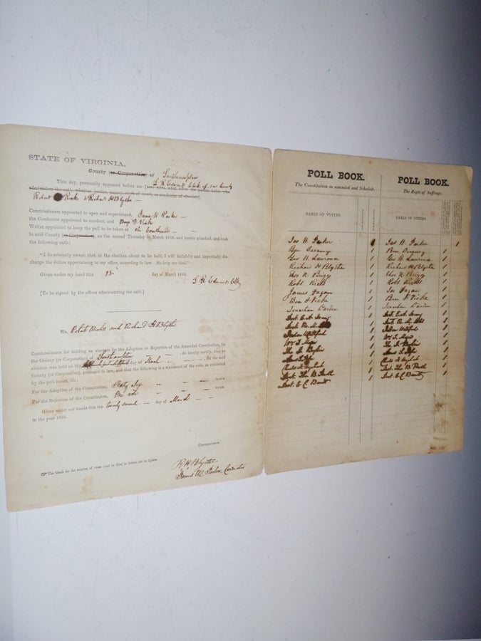 Item #027344 Poll Book; the Right of Suffrage, March 13,14,15, 1862. Virginia Southhampton County.