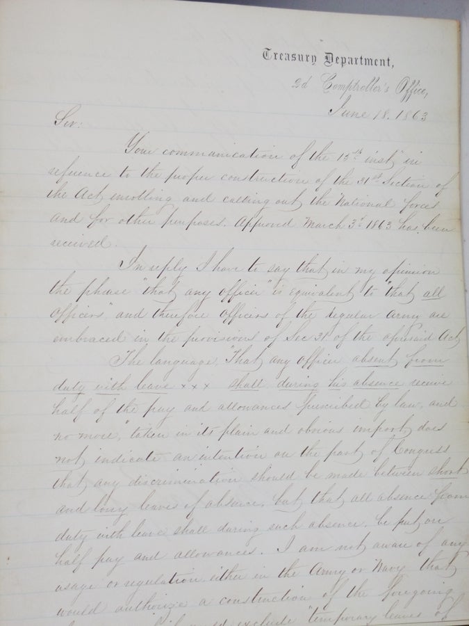 Item #027392 Letter By [John M.] J.M. Broadhead to Major J.C. Cash, P.M.M. Corps, Washington, D.C., 1863. 2nd. June 18 U S. Treasury Department. Comptroller's Office, 1863.