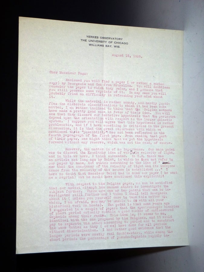 Item #027978 Letter to Alexander Pogo (April 15, 1929) 2 Page, Typed Letter on Yerkes Observatory Letterhead, Signed By