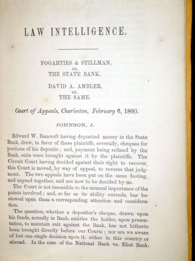 Item #028458 Law Intelligence: Fogarties & Stillman Vs. The State Bank..(Charleston [S.C.], 1860
