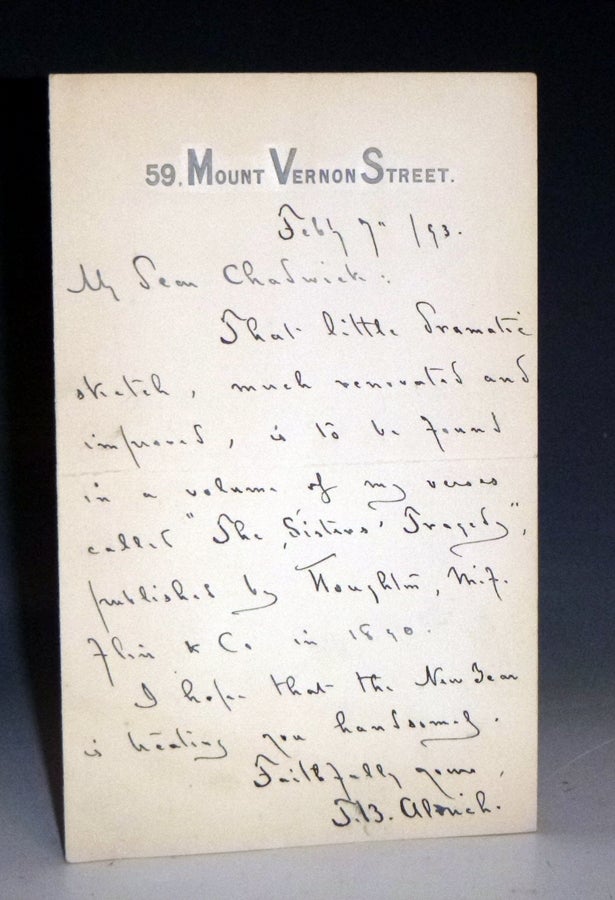 Item #028665 One Page Autographed Letter Noting "The Sister's Tragedy" Thomas Bailey Aldrich.