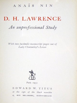 D.H. Lawrence; an Unprofessional Study with Two Facsimile Pages Out of Lady Chatterley's Lover