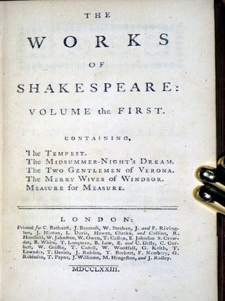 Works of Shakespeare. Collated with the Oldest Copies and Corrected. With Notes Expanatory and Critical By Mr. Theobald. Printed Verbatim from the Octavo edition. (8 Volume set)