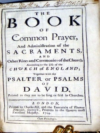 The Book of Common Prayer 1704; The Holy Bible, The Old Testament (with the Apocrypha) 1707 and the New Testament 1707; and The Whole Book of Psalms, Collected Into English Metre 1705