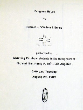 Item #032038 Program Notes for Hermetic Wisdom Liturgy; Performed By Whirling Rainbow in the...